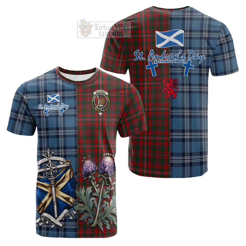 Tartan Vibes Clothing MacKinnon (McKinnon) Tartan Cotton T-shirt Happy St. Andrew's Day Half Tartan Style