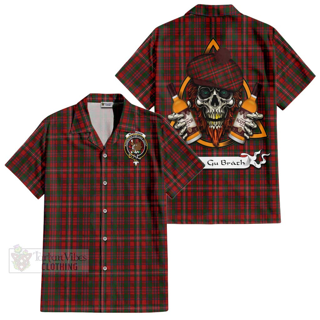 Tartan Vibes Clothing MacKinnon (McKinnon) Tartan Short Sleeve Button Shirt with Family Crest and Bearded Skull Holding Bottles of Whiskey