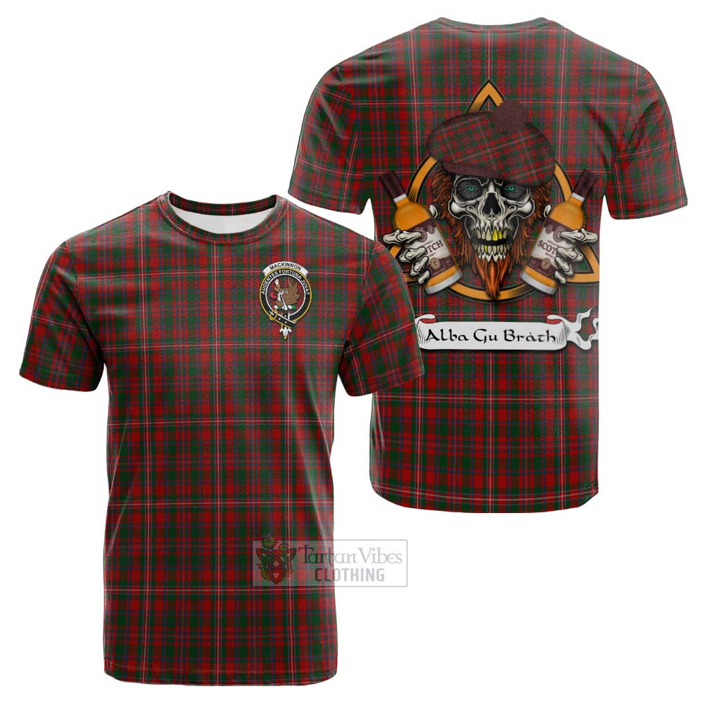 Tartan Vibes Clothing MacKinnon (McKinnon) Tartan Cotton T-shirt with Family Crest and Bearded Skull Holding Bottles of Whiskey