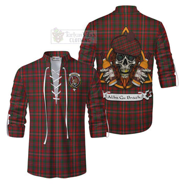 MacKinnon (McKinnon) Tartan Ghillie Kilt Shirt with Family Crest and Bearded Skull Holding Bottles of Whiskey