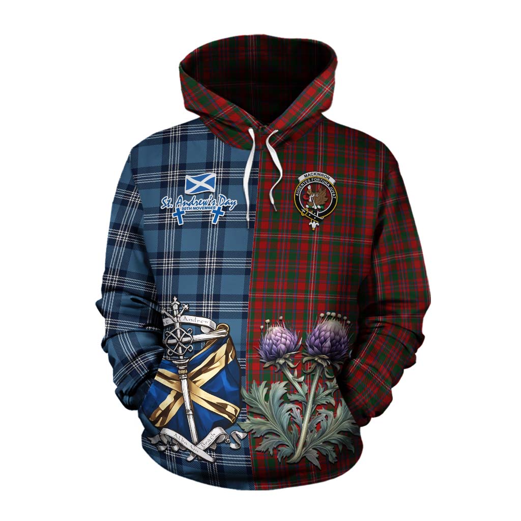 Tartan Vibes Clothing MacKinnon (McKinnon) Tartan Cotton Hoodie Happy St. Andrew's Day Half Tartan Style