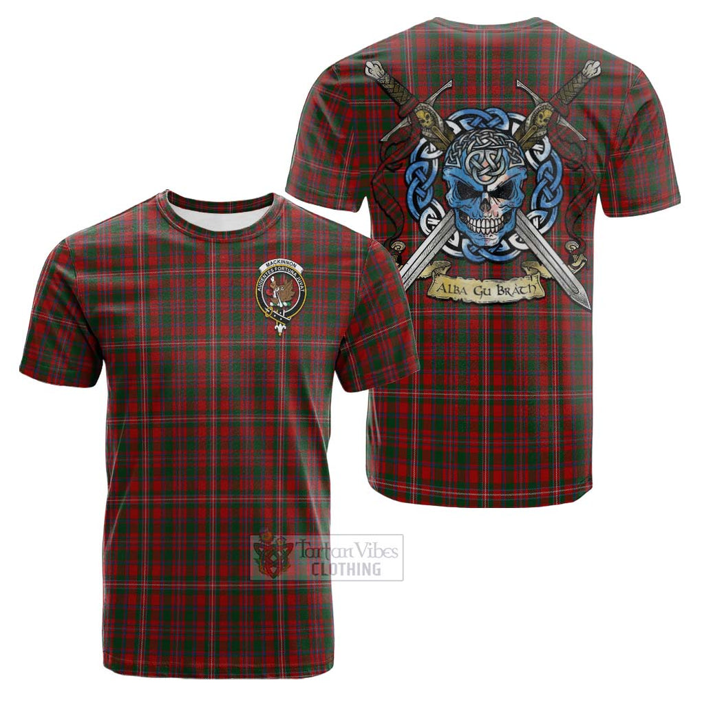 Tartan Vibes Clothing MacKinnon (McKinnon) Tartan Cotton T-shirt with Family Crest Celtic Skull Style