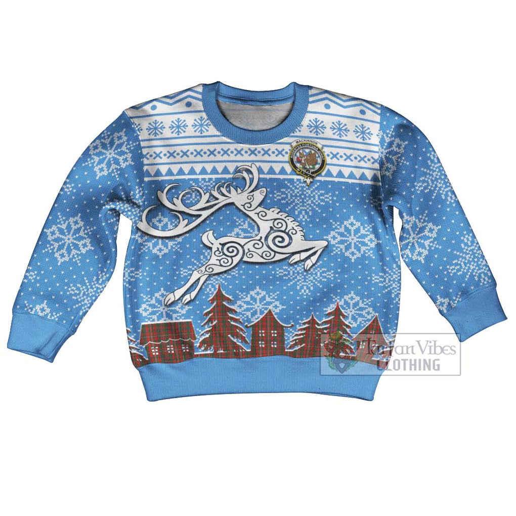 Tartan Vibes Clothing MacKinnon (McKinnon) Clan Christmas Kid Ugly Sweater with Tartan and Celtic Raindeer Style