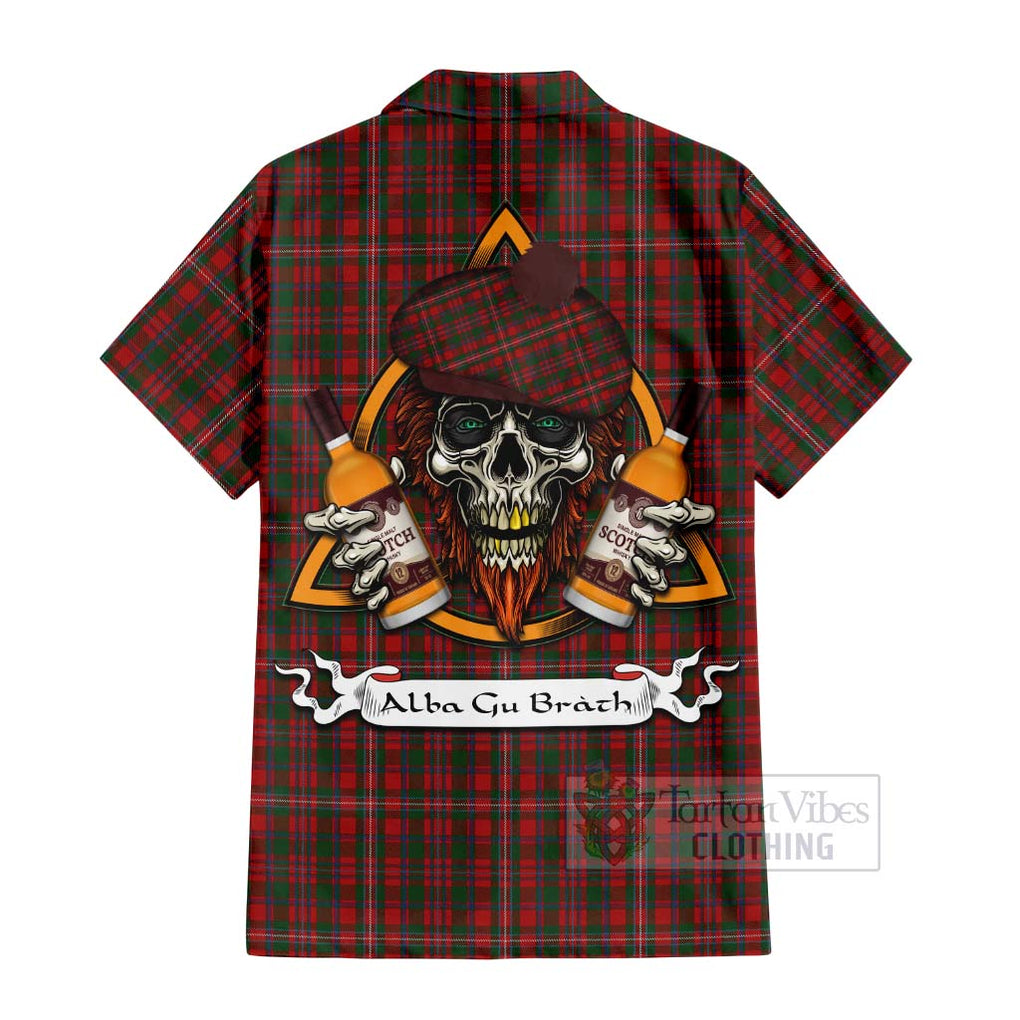 Tartan Vibes Clothing MacKinnon (McKinnon) Tartan Short Sleeve Button Shirt with Family Crest and Bearded Skull Holding Bottles of Whiskey