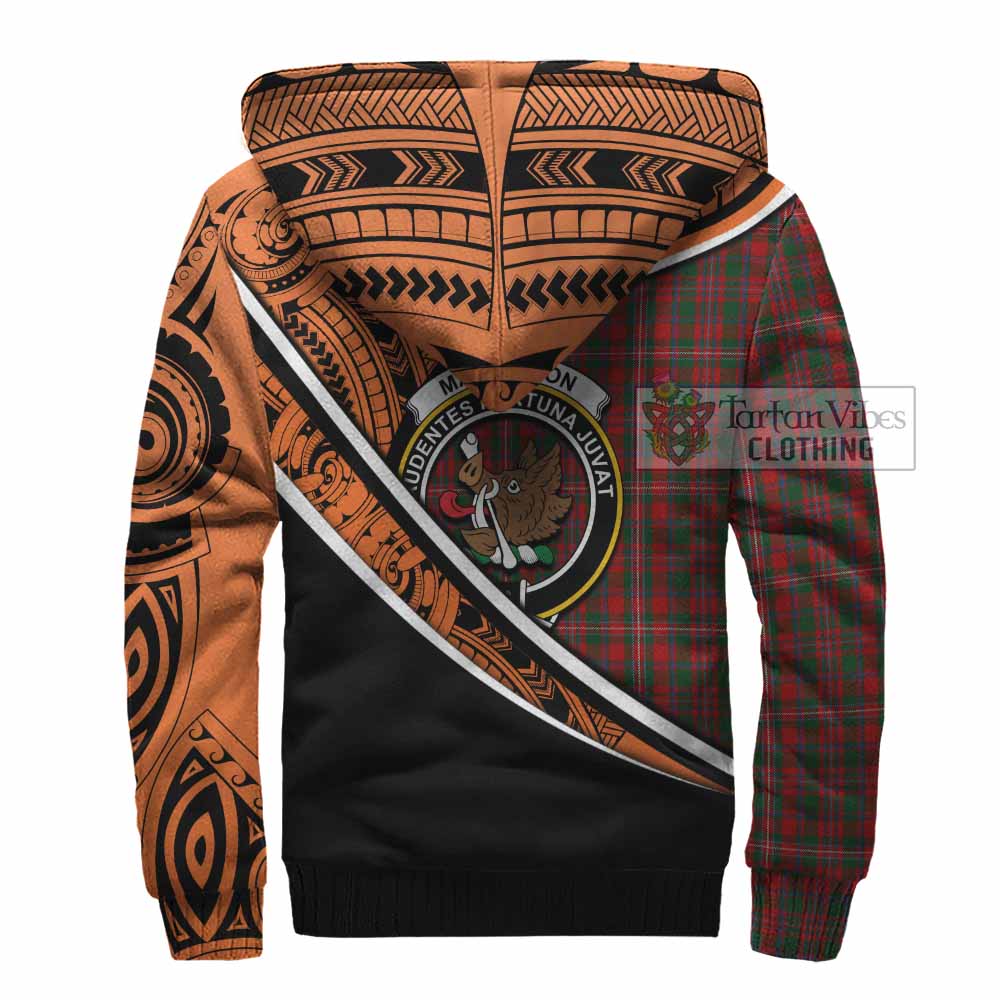 Tartan Vibes Clothing MacKinnon (McKinnon) Crest Tartan Sherpa Hoodie with Maori Tattoo Style - Orange Version