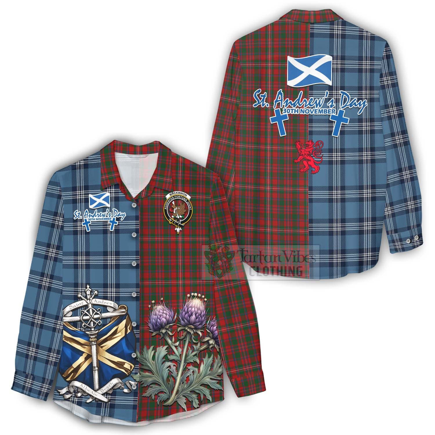 Tartan Vibes Clothing MacKinnon (McKinnon) Tartan Women's Casual Shirt Happy St. Andrew's Day Half Tartan Style