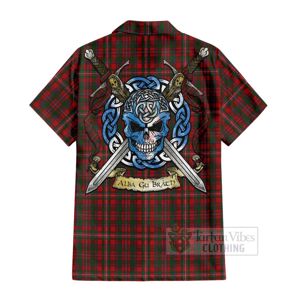 Tartan Vibes Clothing MacKinnon (McKinnon) Tartan Short Sleeve Button Shirt with Family Crest Celtic Skull Style