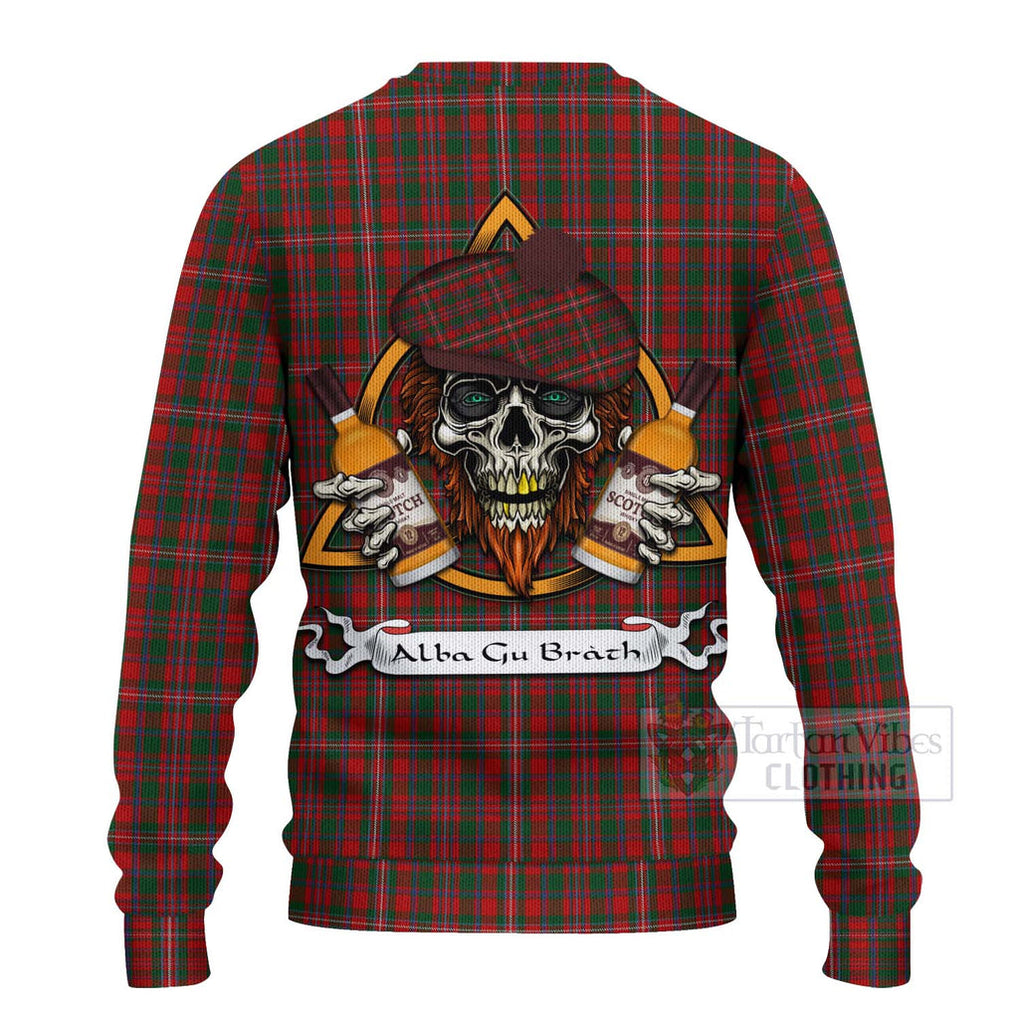 Tartan Vibes Clothing MacKinnon (McKinnon) Tartan Knitted Sweater with Family Crest and Bearded Skull Holding Bottles of Whiskey