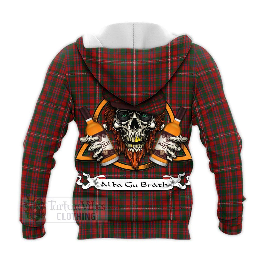 Tartan Vibes Clothing MacKinnon (McKinnon) Tartan Knitted Hoodie with Family Crest and Bearded Skull Holding Bottles of Whiskey