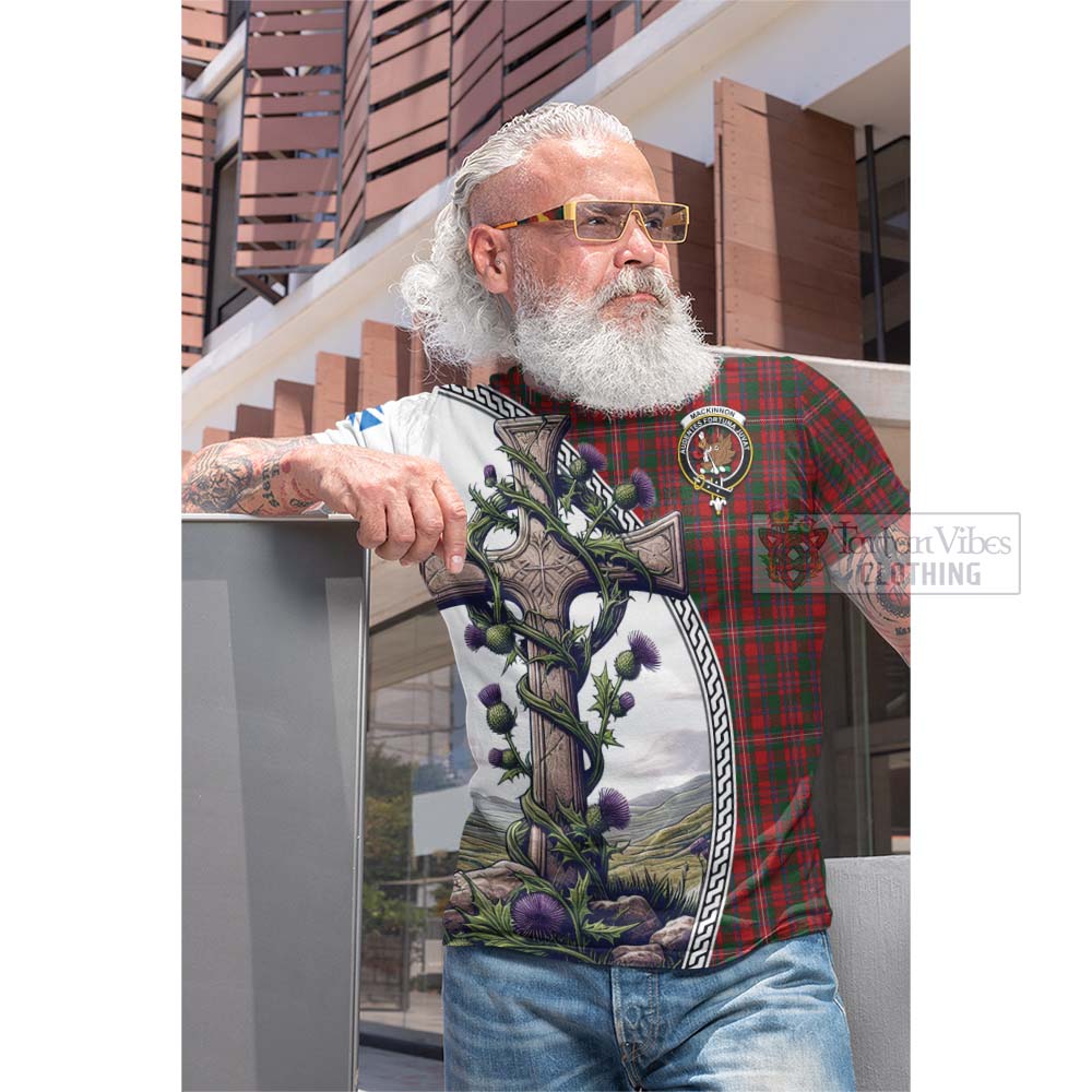 Tartan Vibes Clothing MacKinnon (McKinnon) Tartan Cotton T-shirt with Family Crest and St. Andrew's Cross Accented by Thistle Vines