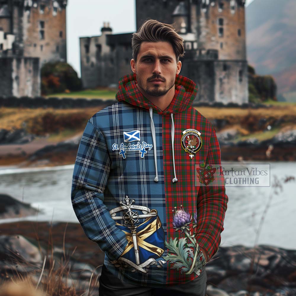 Tartan Vibes Clothing MacKinnon (McKinnon) Tartan Cotton Hoodie Happy St. Andrew's Day Half Tartan Style