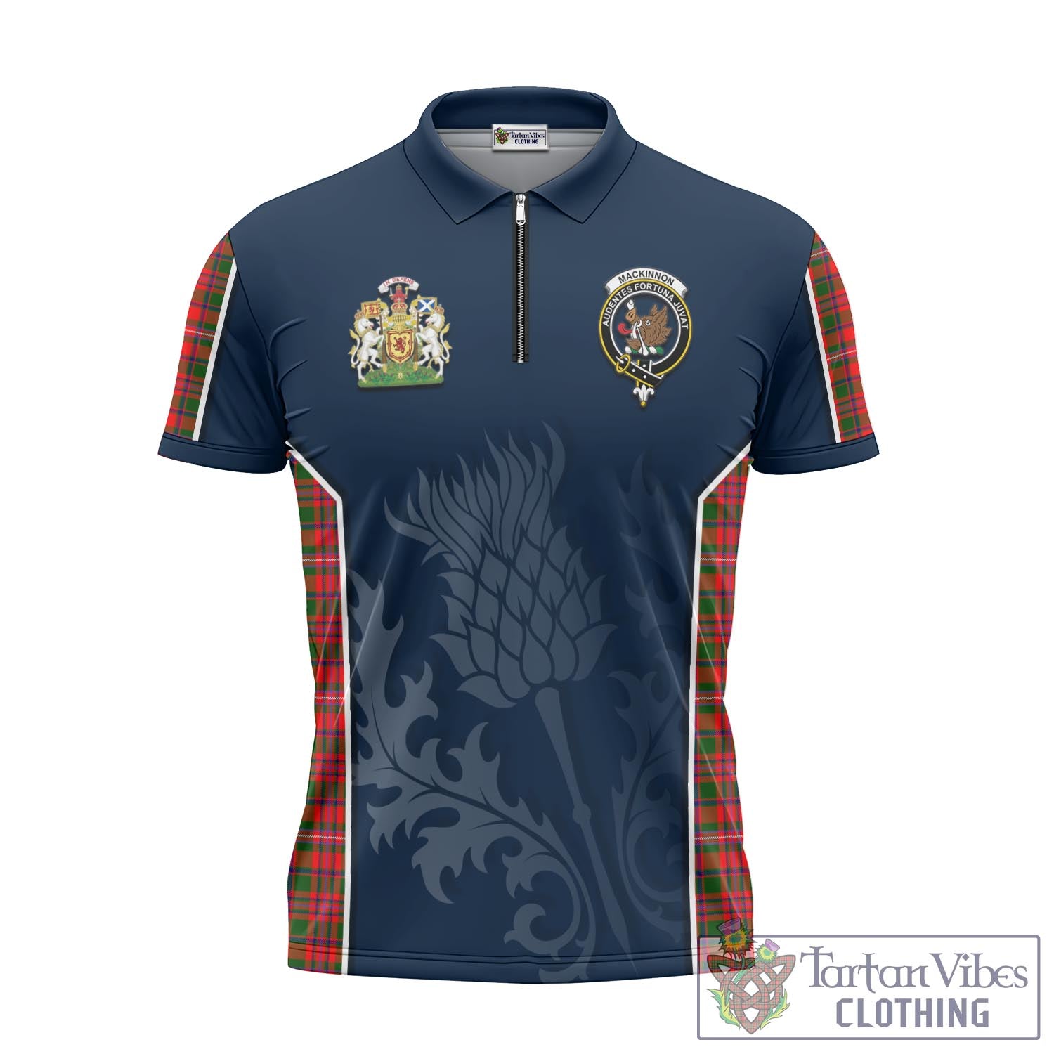 Tartan Vibes Clothing MacKinnon Modern Tartan Zipper Polo Shirt with Family Crest and Scottish Thistle Vibes Sport Style