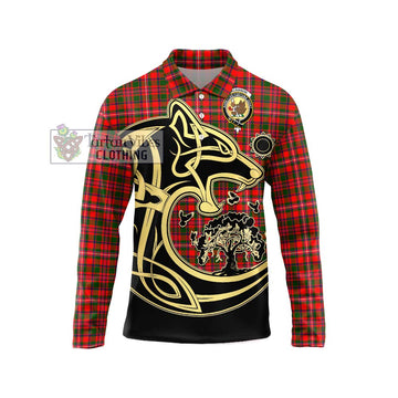 MacKinnon Modern Tartan Long Sleeve Polo Shirt with Family Crest Celtic Wolf Style