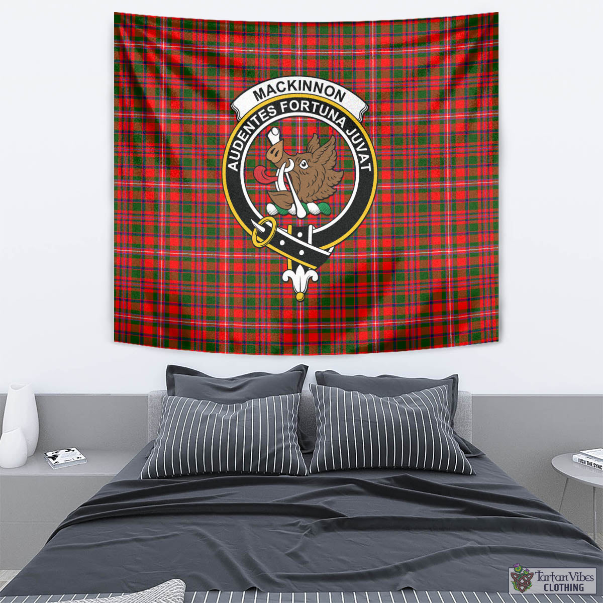 Tartan Vibes Clothing MacKinnon Modern Tartan Tapestry Wall Hanging and Home Decor for Room with Family Crest