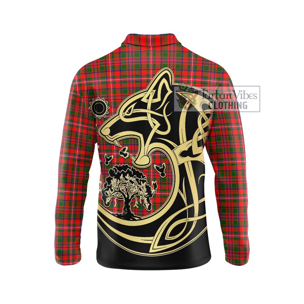 MacKinnon Modern Tartan Long Sleeve Polo Shirt with Family Crest Celtic Wolf Style - Tartanvibesclothing Shop