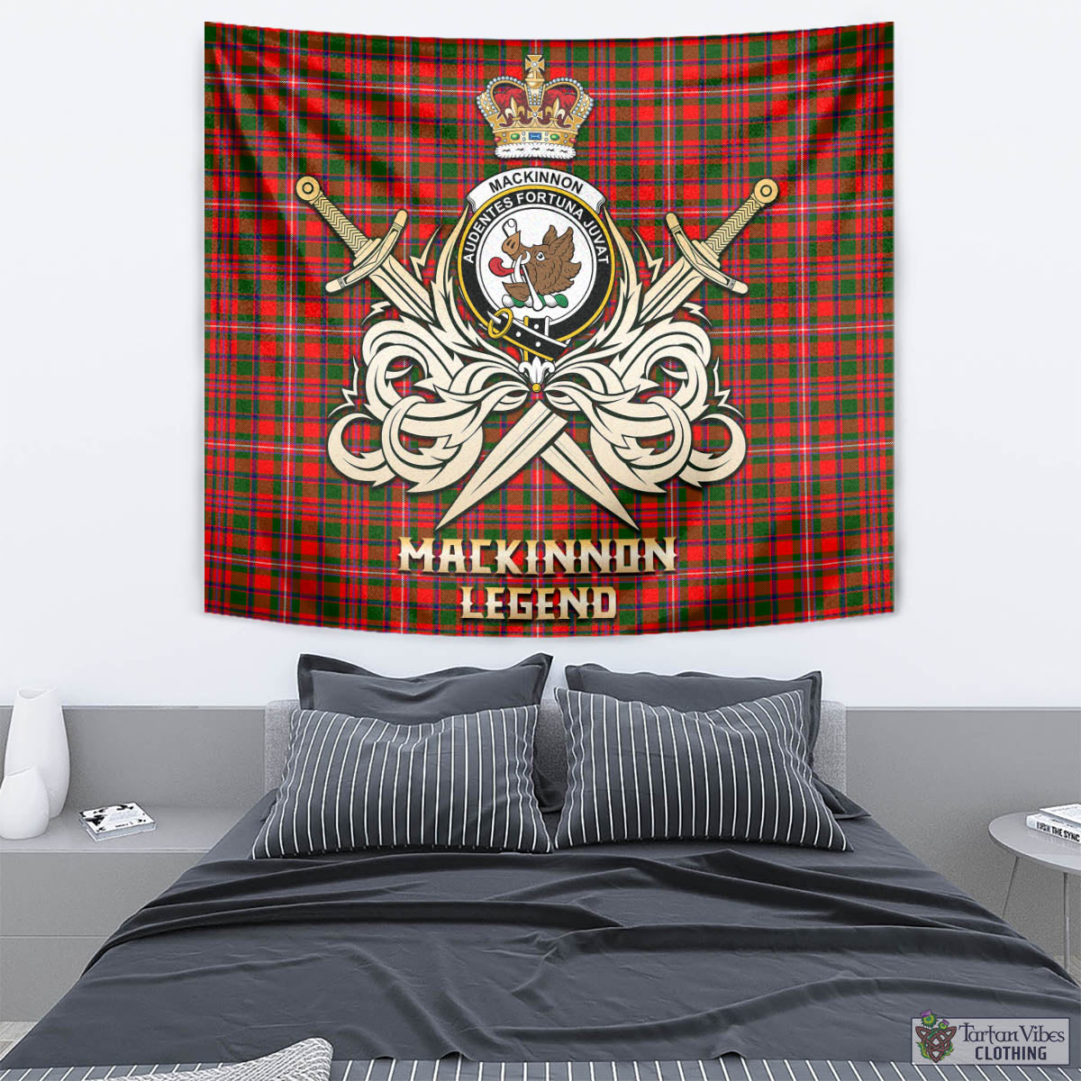 Tartan Vibes Clothing MacKinnon Modern Tartan Tapestry with Clan Crest and the Golden Sword of Courageous Legacy