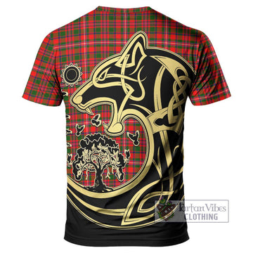 MacKinnon Modern Tartan T-Shirt with Family Crest Celtic Wolf Style