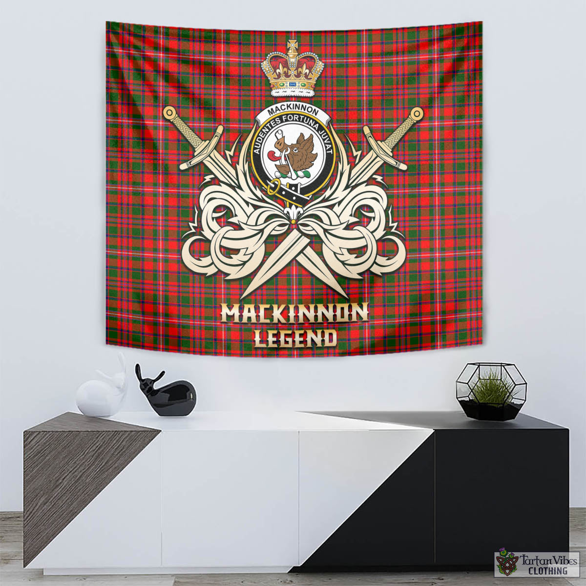 Tartan Vibes Clothing MacKinnon Modern Tartan Tapestry with Clan Crest and the Golden Sword of Courageous Legacy