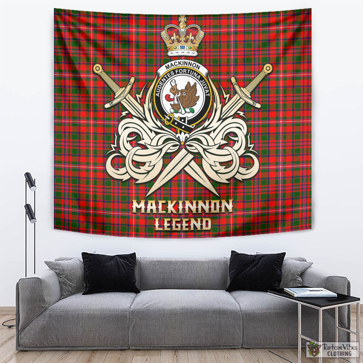 Tartan Vibes Clothing MacKinnon Modern Tartan Tapestry with Clan Crest and the Golden Sword of Courageous Legacy