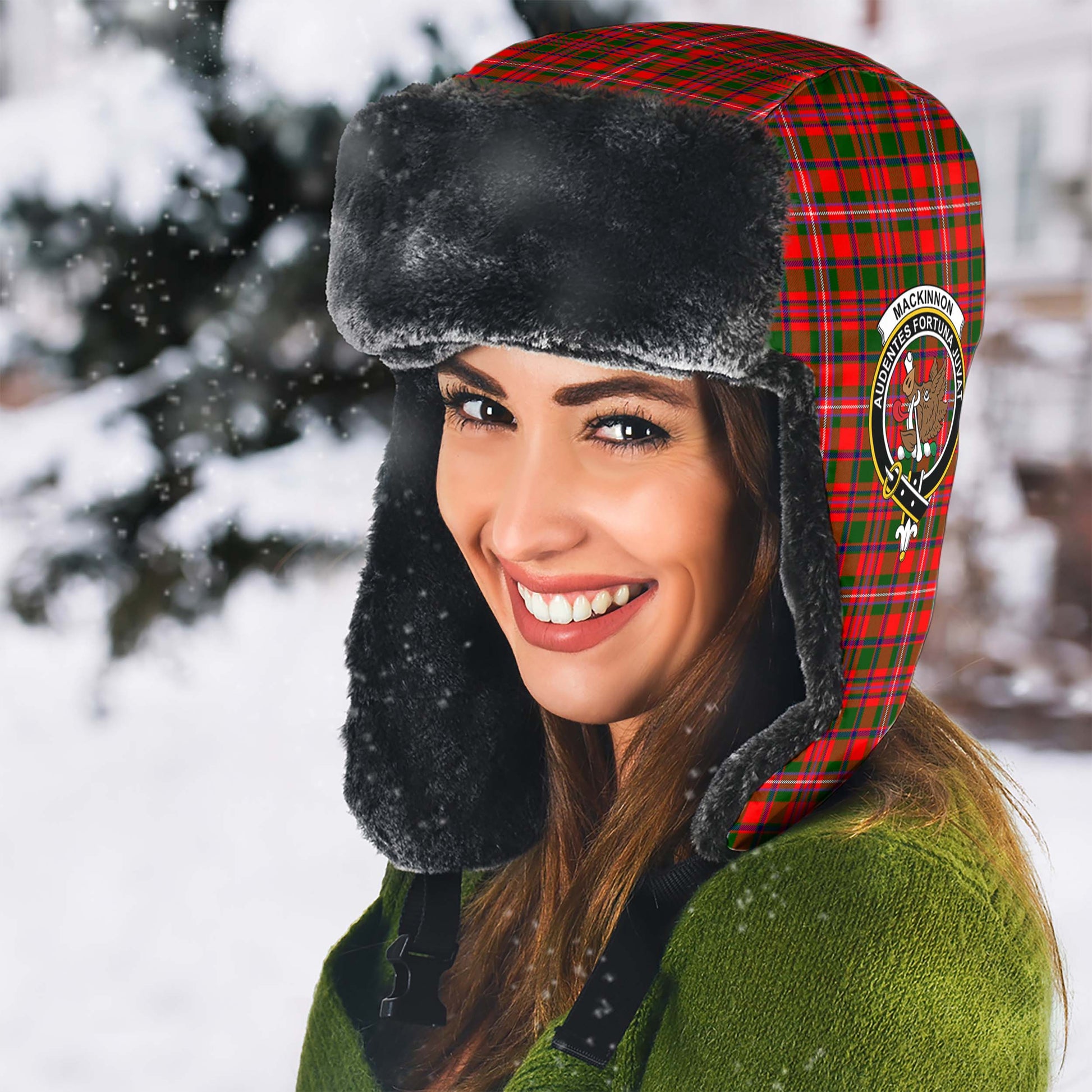 MacKinnon Modern Tartan Winter Trapper Hat with Family Crest - Tartanvibesclothing