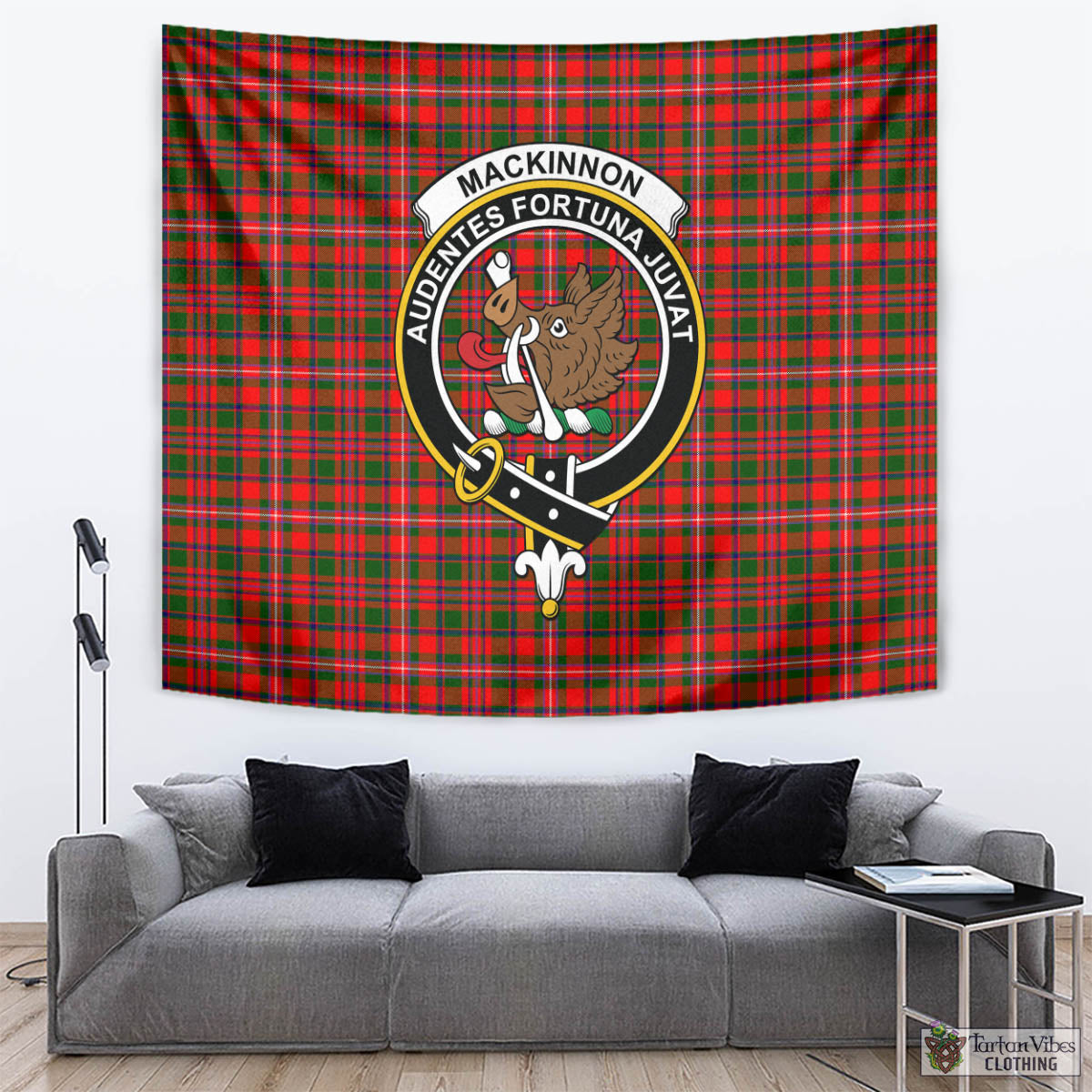 Tartan Vibes Clothing MacKinnon Modern Tartan Tapestry Wall Hanging and Home Decor for Room with Family Crest