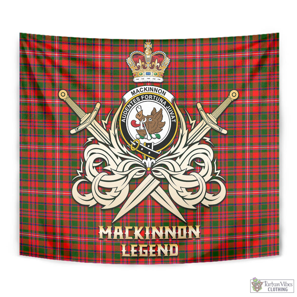 Tartan Vibes Clothing MacKinnon Modern Tartan Tapestry with Clan Crest and the Golden Sword of Courageous Legacy