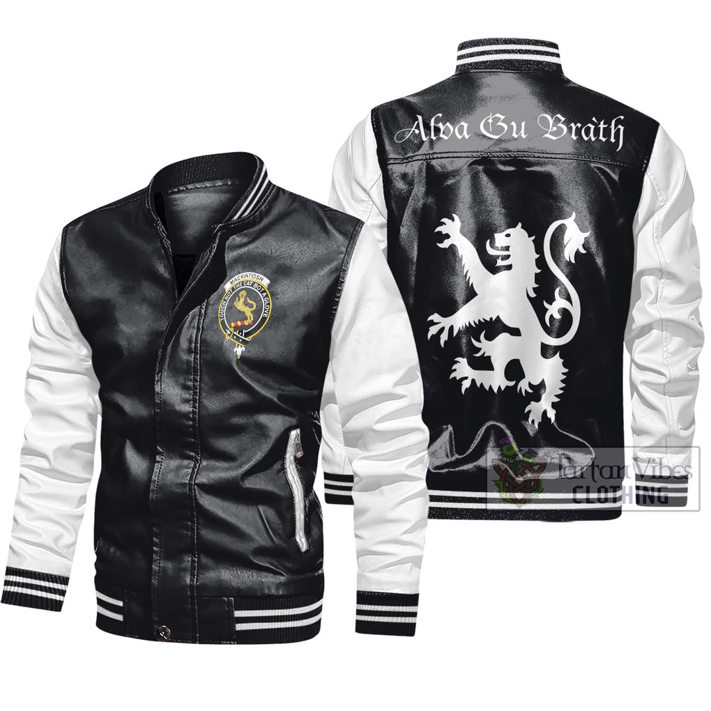 MacKintosh (McKintosh) Family Crest Leather Bomber Jacket Lion Rampant Alba Gu Brath Style Black - White Unisex - 2D-tartanvibesclothing