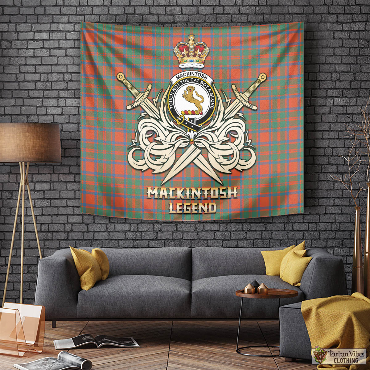 Tartan Vibes Clothing MacKintosh Ancient Tartan Tapestry with Clan Crest and the Golden Sword of Courageous Legacy