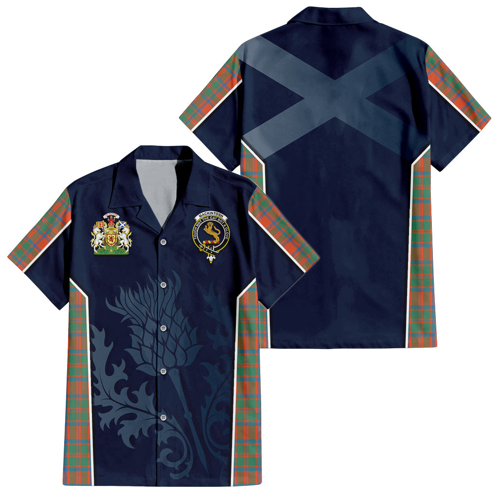 Tartan Vibes Clothing MacKintosh Ancient Tartan Short Sleeve Button Up Shirt with Family Crest and Scottish Thistle Vibes Sport Style