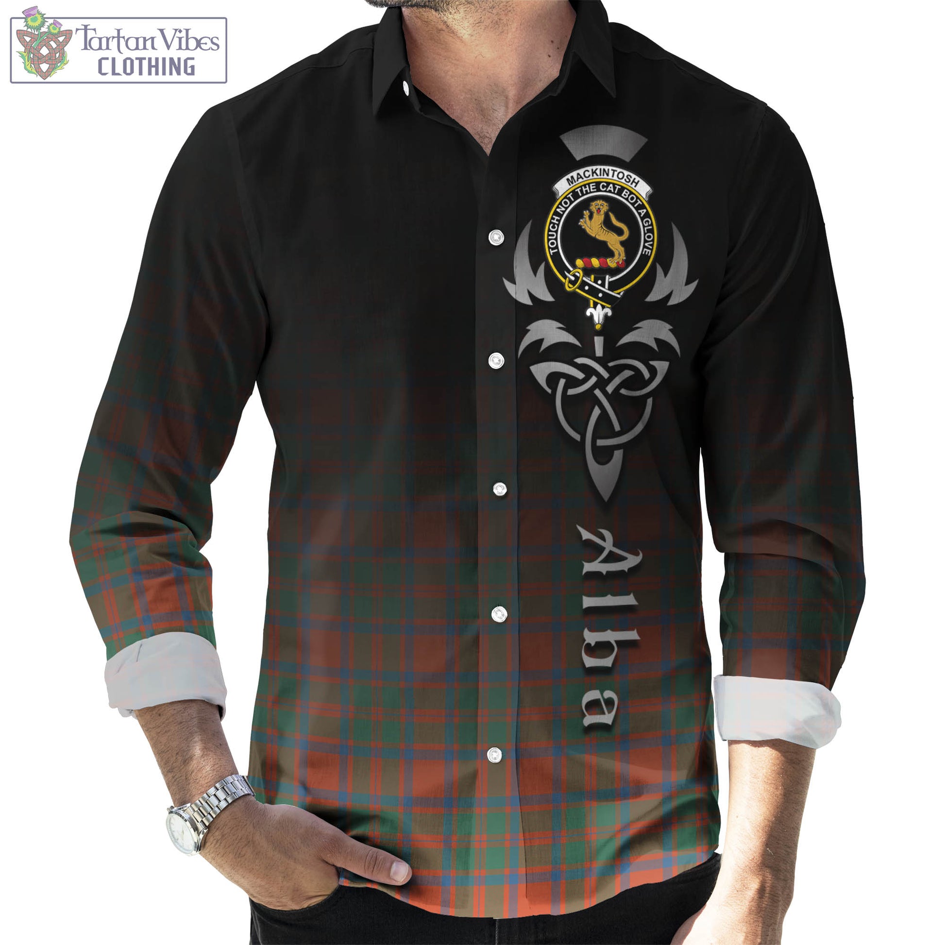 Tartan Vibes Clothing MacKintosh Ancient Tartan Long Sleeve Button Up Featuring Alba Gu Brath Family Crest Celtic Inspired