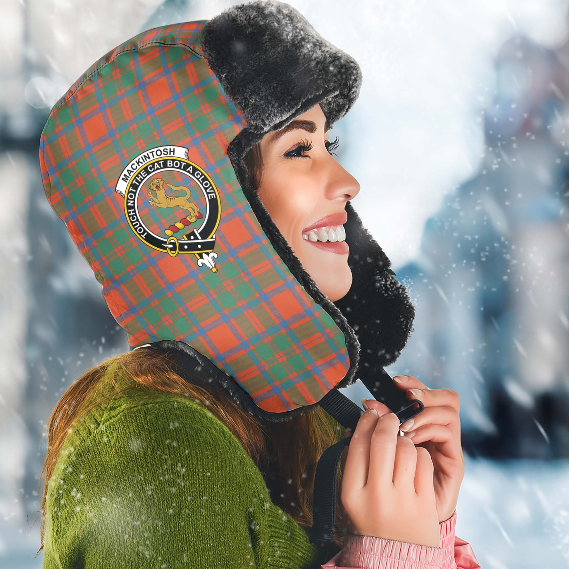 MacKintosh Ancient Tartan Winter Trapper Hat with Family Crest Winter Trapper Hat Universal Fit Circumference 22.8in (58cm) - Tartanvibesclothing