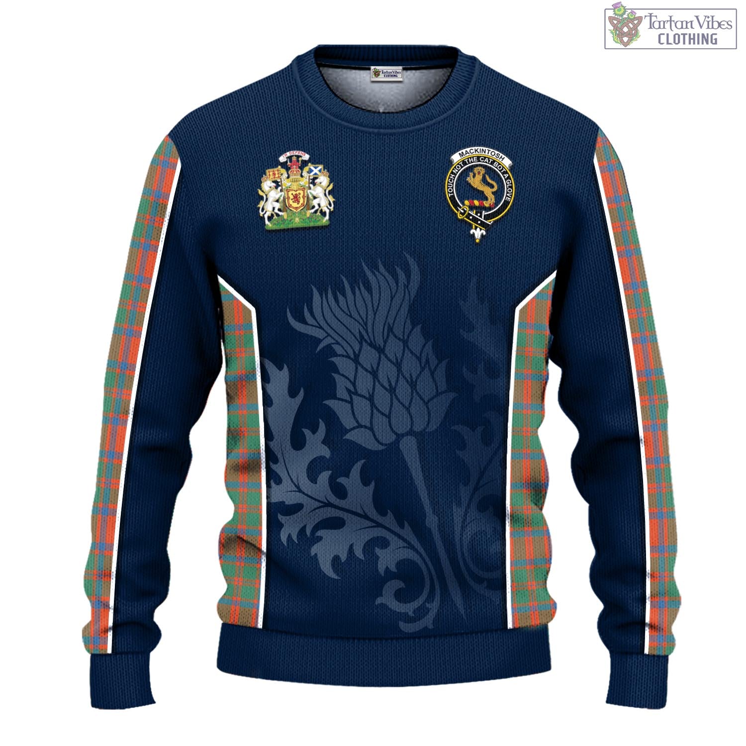 Tartan Vibes Clothing MacKintosh Ancient Tartan Knitted Sweatshirt with Family Crest and Scottish Thistle Vibes Sport Style