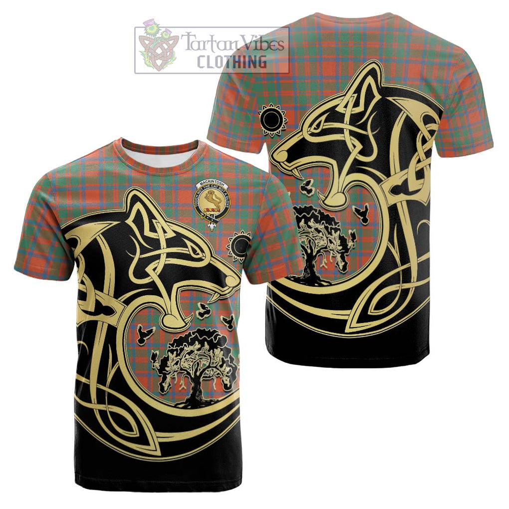 Tartan Vibes Clothing MacKintosh Ancient Tartan Cotton T-shirt with Family Crest Celtic Wolf Style