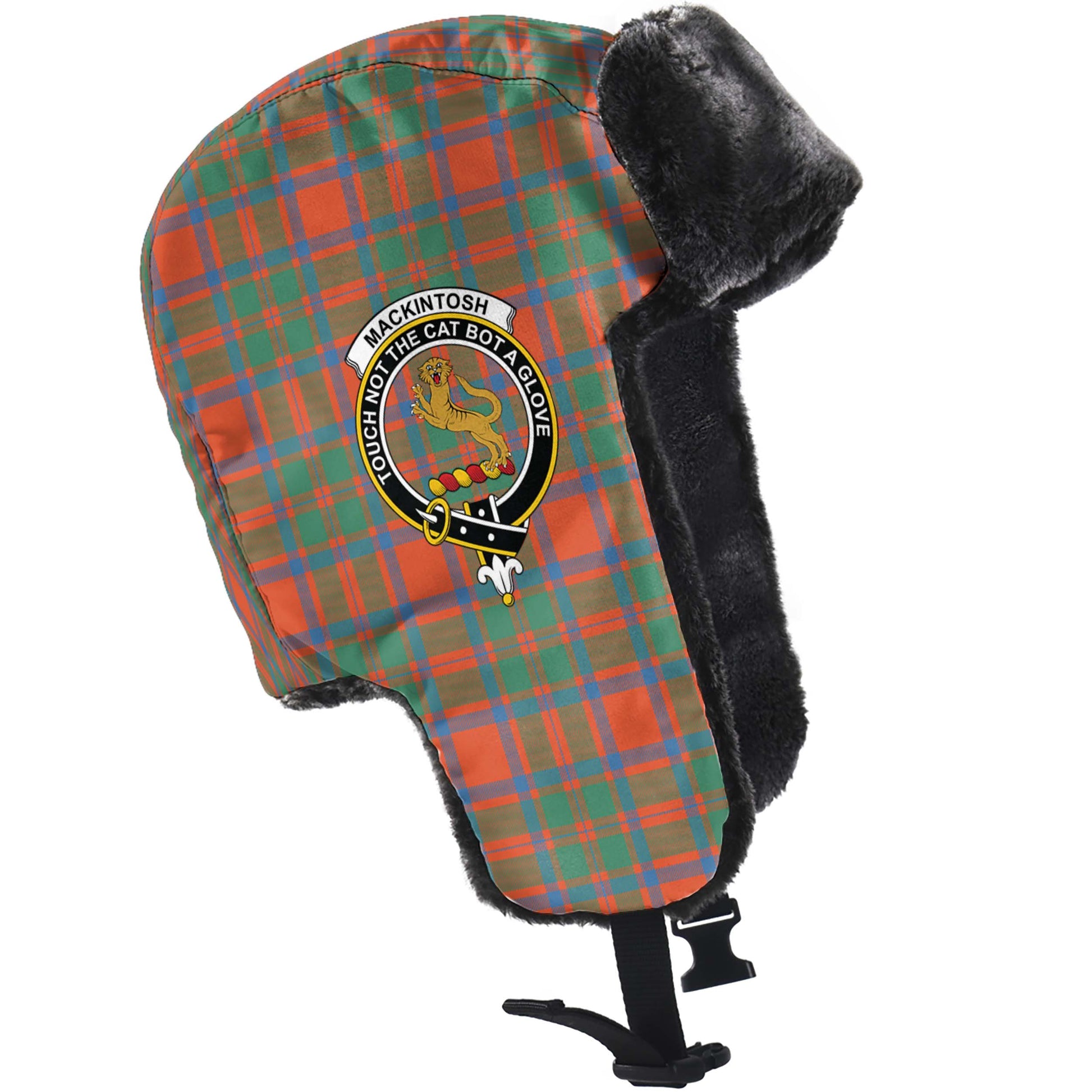 MacKintosh Ancient Tartan Winter Trapper Hat with Family Crest - Tartanvibesclothing