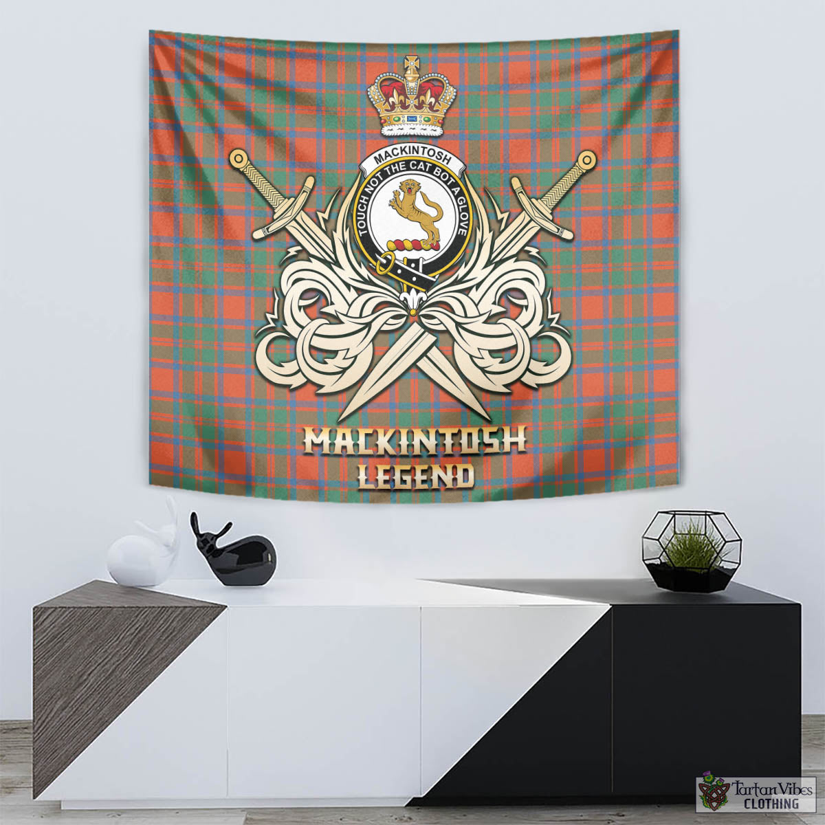 Tartan Vibes Clothing MacKintosh Ancient Tartan Tapestry with Clan Crest and the Golden Sword of Courageous Legacy