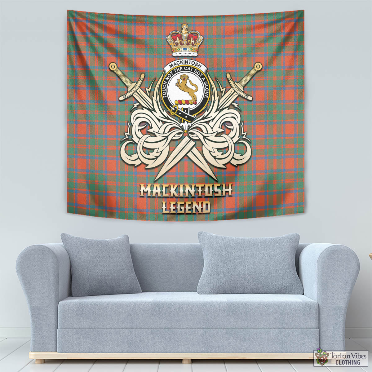 Tartan Vibes Clothing MacKintosh Ancient Tartan Tapestry with Clan Crest and the Golden Sword of Courageous Legacy