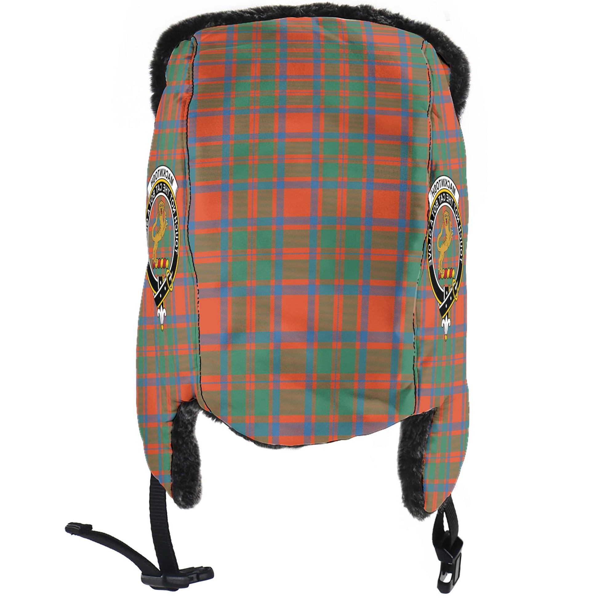 MacKintosh Ancient Tartan Winter Trapper Hat with Family Crest - Tartanvibesclothing