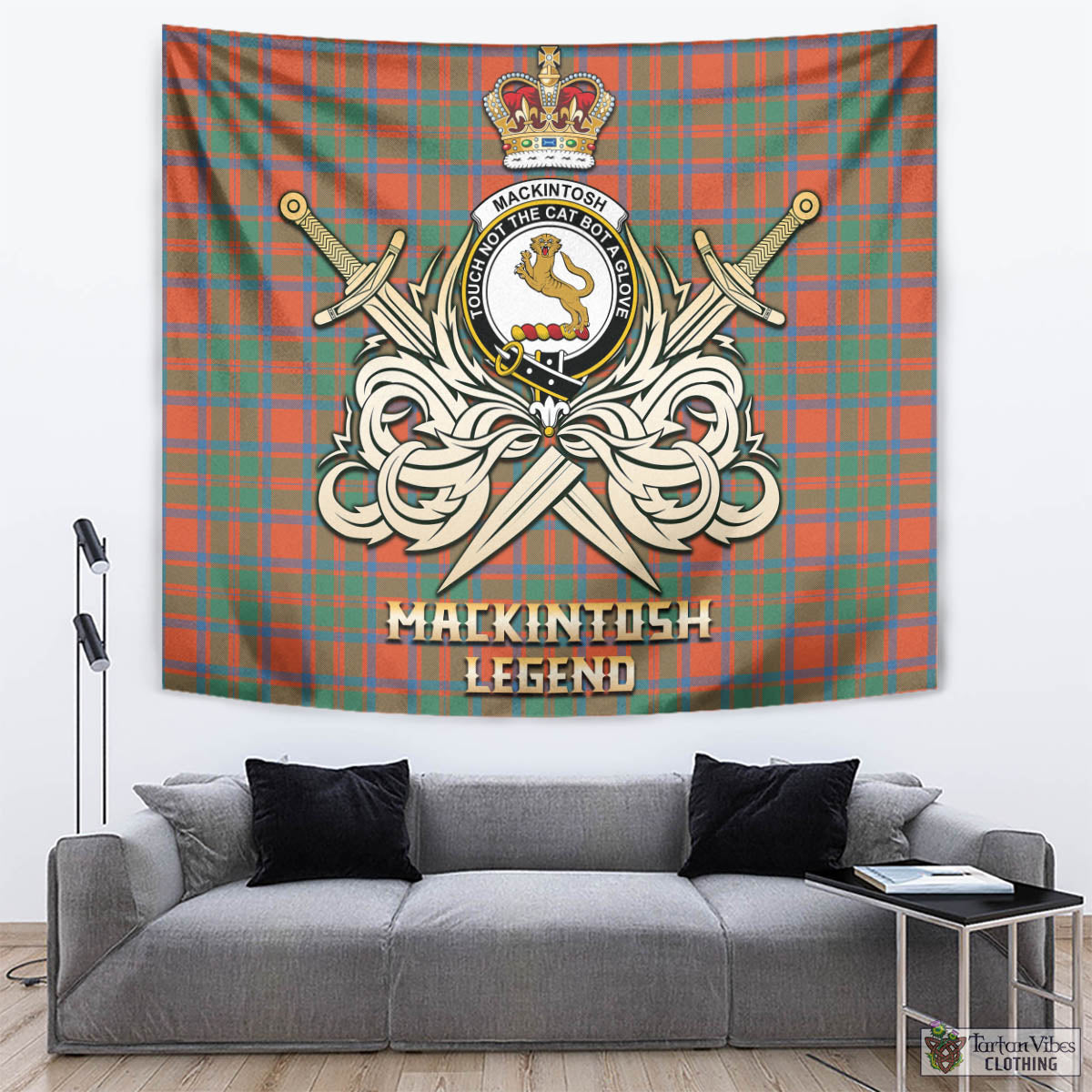 Tartan Vibes Clothing MacKintosh Ancient Tartan Tapestry with Clan Crest and the Golden Sword of Courageous Legacy