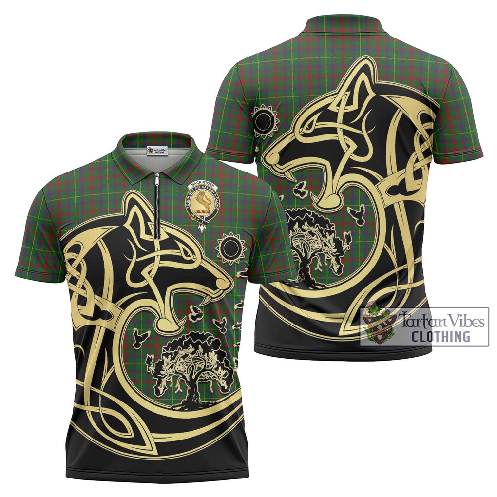 MacKintosh Hunting Tartan Zipper Polo Shirt with Family Crest Celtic Wolf Style Unisex - Tartanvibesclothing Shop