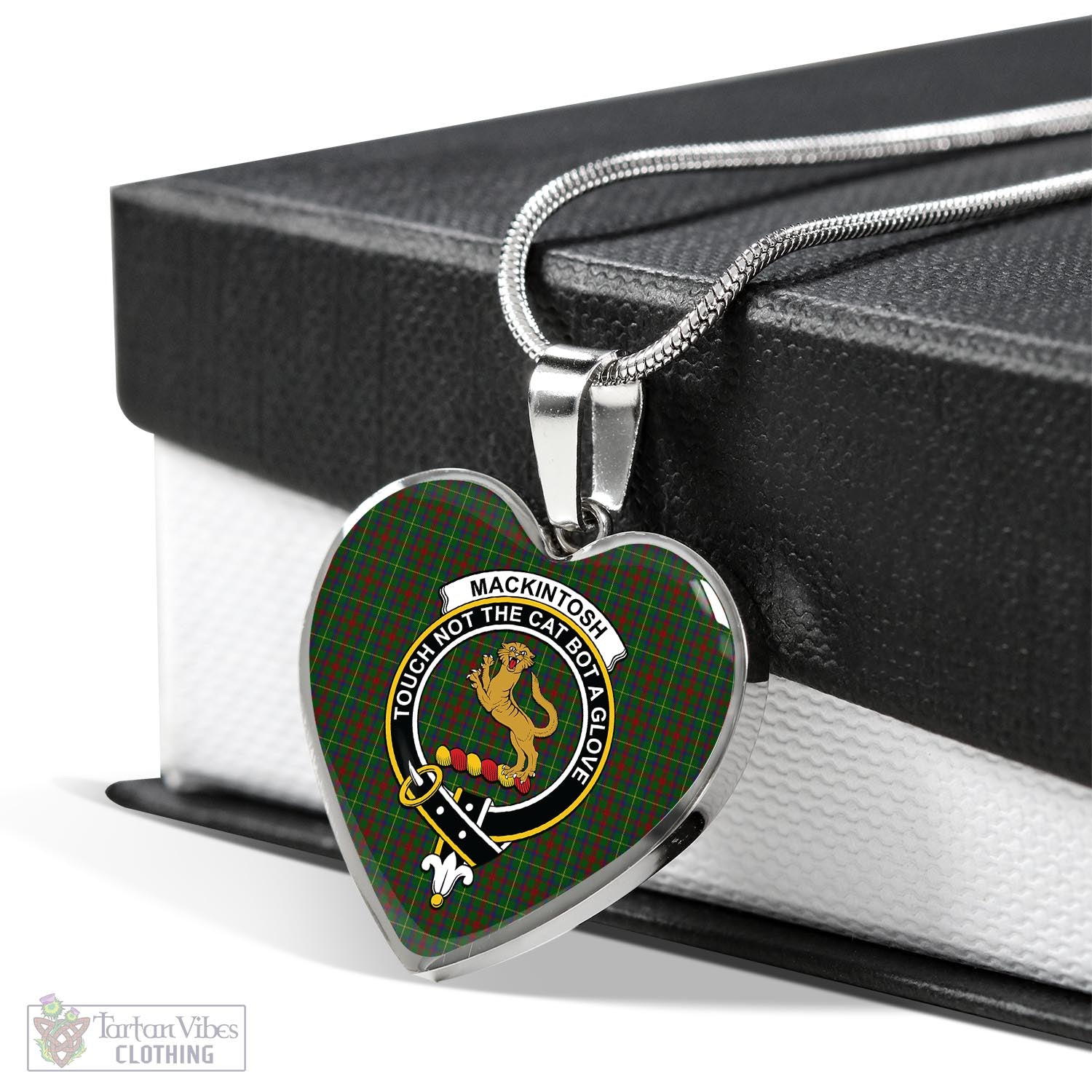 Tartan Vibes Clothing MacKintosh Hunting Tartan Heart Necklace with Family Crest