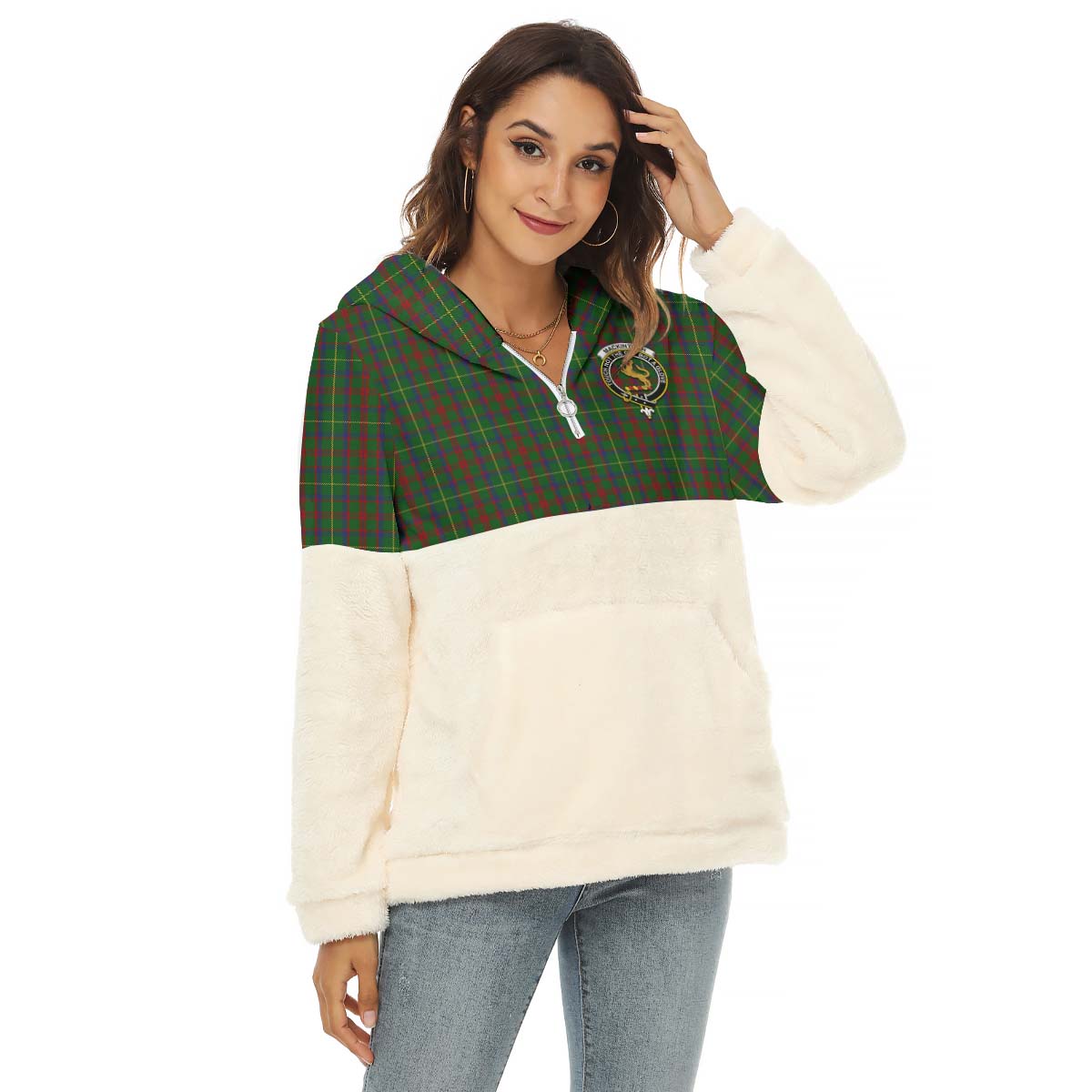 MacKintosh Hunting Tartan Women's Borg Fleece Hoodie With Half Zip with Family Crest Female - Tartan Vibes Clothing