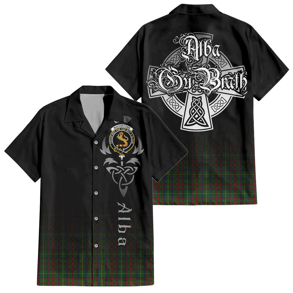 Tartan Vibes Clothing MacKintosh Hunting Tartan Short Sleeve Button Up Featuring Alba Gu Brath Family Crest Celtic Inspired