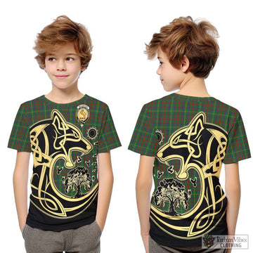 MacKintosh Hunting Tartan Kid T-Shirt with Family Crest Celtic Wolf Style