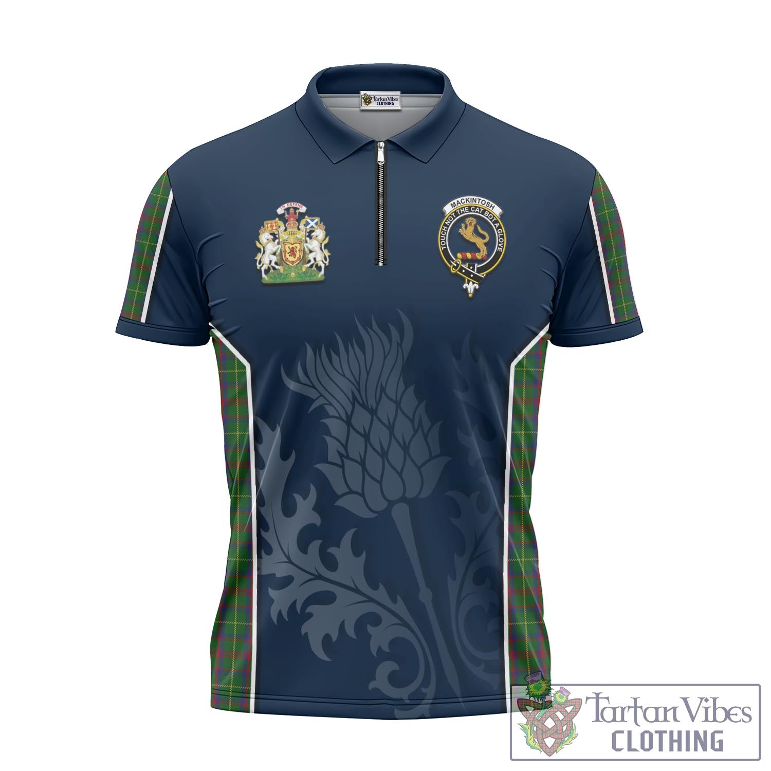 Tartan Vibes Clothing MacKintosh Hunting Tartan Zipper Polo Shirt with Family Crest and Scottish Thistle Vibes Sport Style