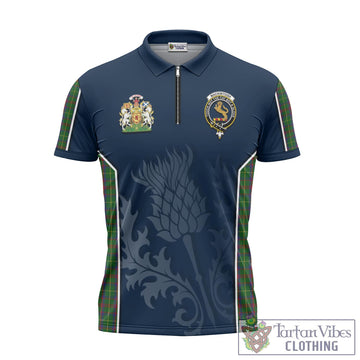 MacKintosh Hunting Tartan Zipper Polo Shirt with Family Crest and Scottish Thistle Vibes Sport Style