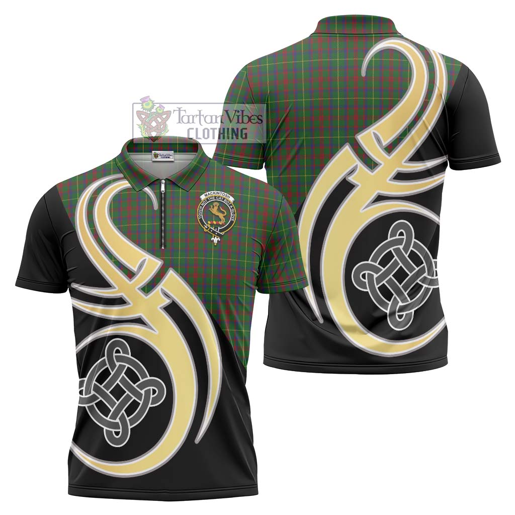 Tartan Vibes Clothing MacKintosh Hunting Tartan Zipper Polo Shirt with Family Crest and Celtic Symbol Style