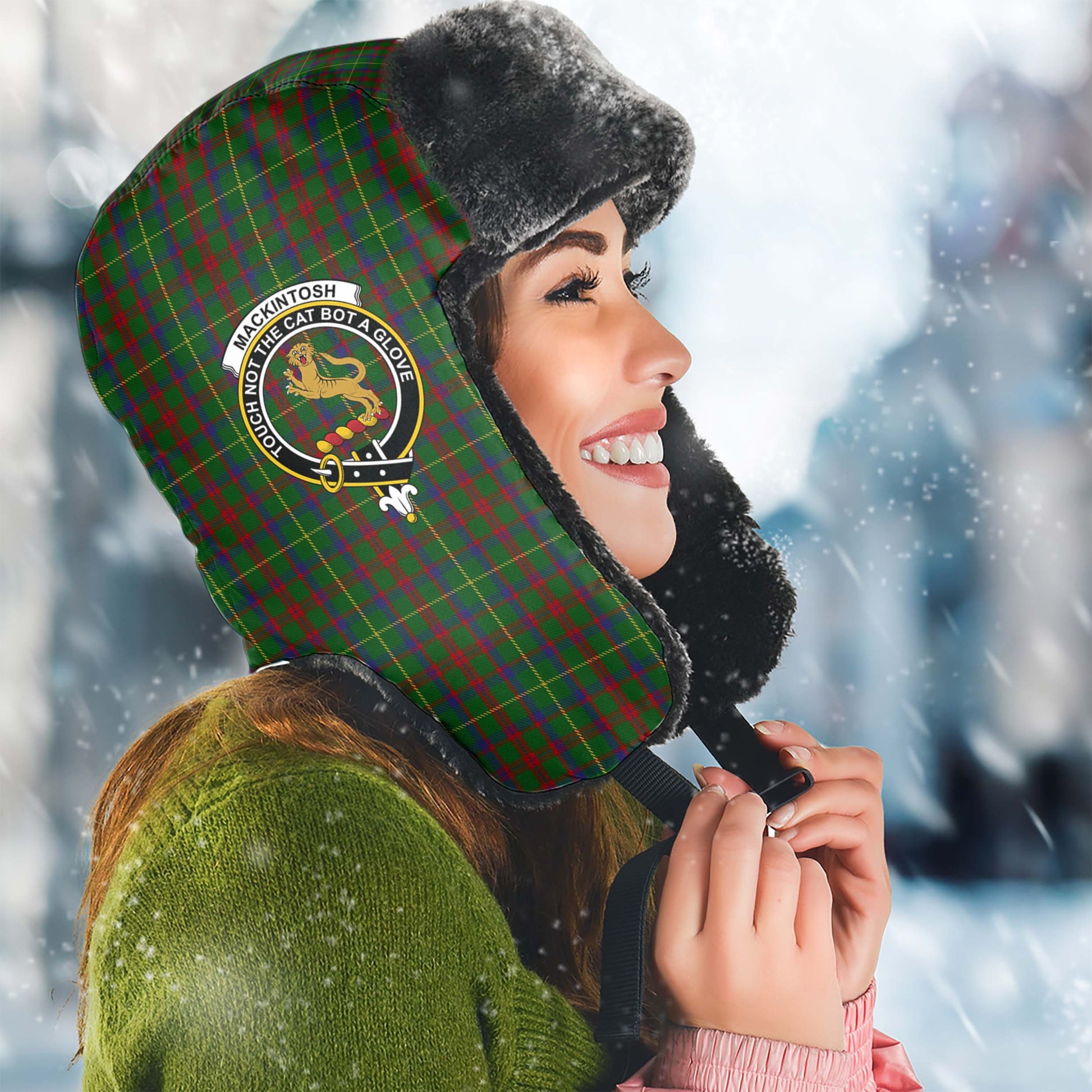 MacKintosh Hunting Tartan Winter Trapper Hat with Family Crest Winter Trapper Hat Universal Fit Circumference 22.8in (58cm) - Tartanvibesclothing