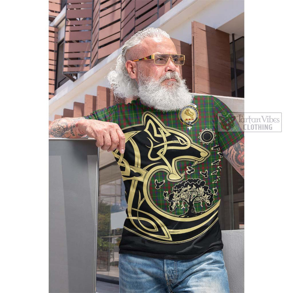 Tartan Vibes Clothing MacKintosh Hunting Tartan Cotton T-shirt with Family Crest Celtic Wolf Style