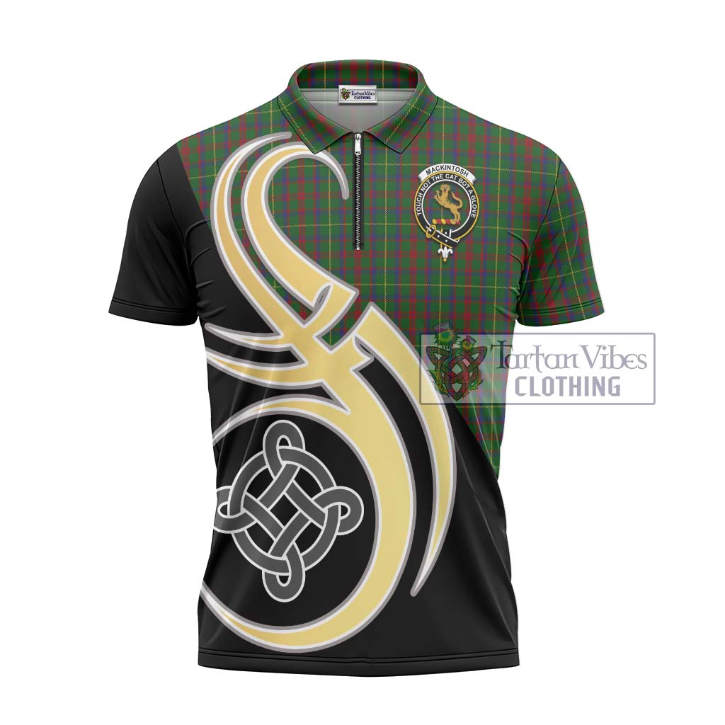 Tartan Vibes Clothing MacKintosh Hunting Tartan Zipper Polo Shirt with Family Crest and Celtic Symbol Style