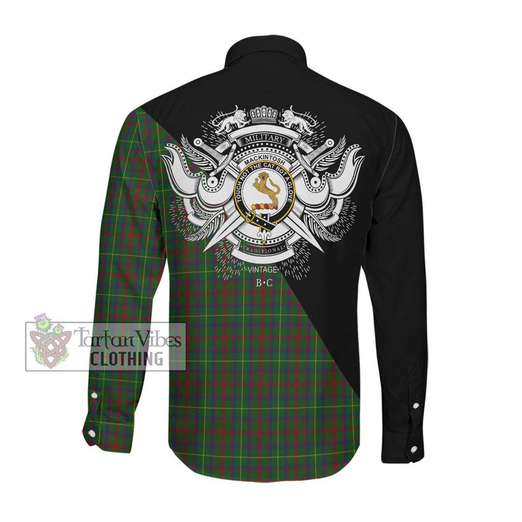 MacKintosh Hunting Tartan Long Sleeve Button Shirt with Family Crest and Military Logo Style Men's Shirt - Tartanvibesclothing Shop